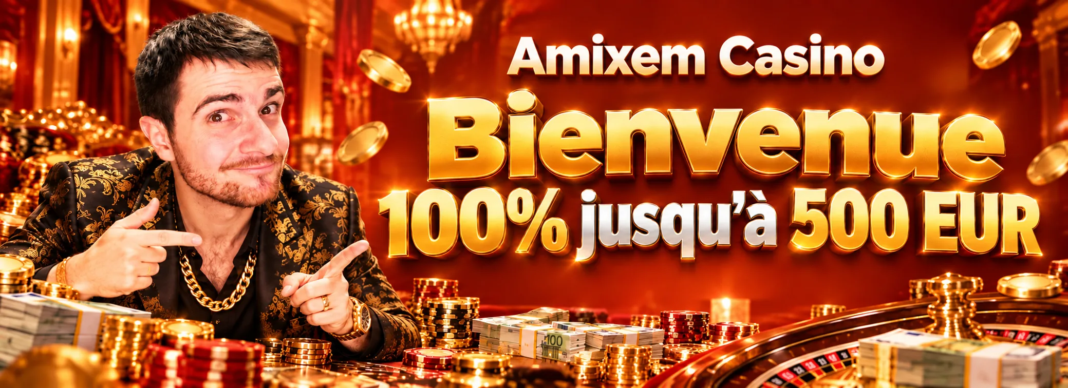 Amixem Casino — Bonus de bienvenue : 100% jusqu'à 500 € et 200 tours gratuits — 500 € + 200 tours gratuits